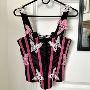 Vintage Crepe Suzette Foundations Black & Pink Corset Top with Butterfly Accents